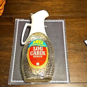 Log Cabin Syrup Glass Bottle Pitcher Pour Spout  24 Ounce Vintage